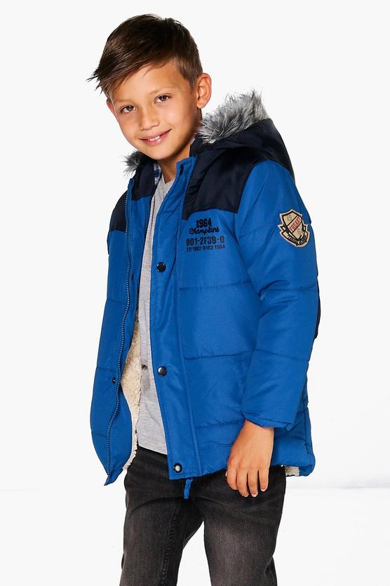 Boys Padded Coat With Checked Faux Fur Hood